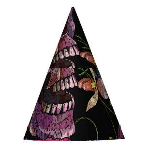 Embroidered Skull: Gothic Orchid Pattern Party Hat