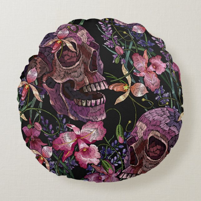 Embroidered Skull: Gothic Orchid Pattern Round Cushion (Front)