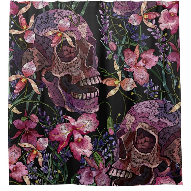 Embroidered Skull: Gothic Orchid Pattern Shower Curtain (Front)
