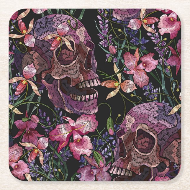Embroidered Skull: Gothic Orchid Pattern Square Paper Coaster (Front)