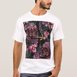 Embroidered Skull: Gothic Orchid Pattern T-Shirt