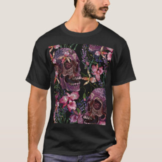 Embroidered Skull: Gothic Orchid Pattern T-Shirt