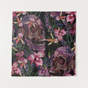 Embroidered Skull: Gothic Orchid Pattern Tapestry