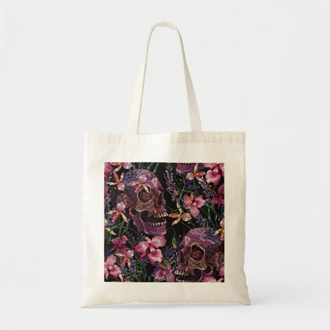 Embroidered Skull: Gothic Orchid Pattern Tote Bag (Front)