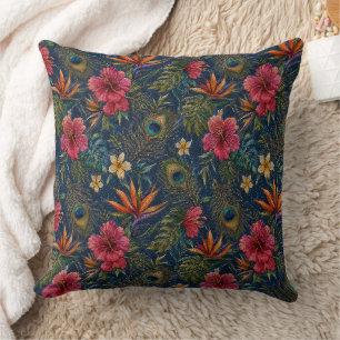 Embroidered smooth tropical plants on denim cushion