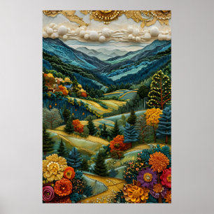 Embroidered Style Mountain Valley Vibrant Floral Poster