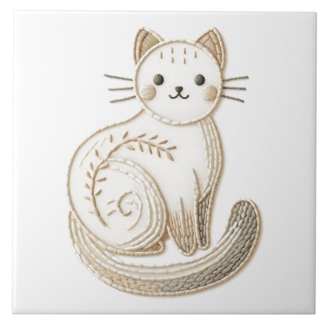 Embroidered Style Neutral Boho Kitty Cat Art Ceramic Tile (Front)