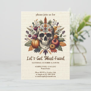 Embroidered Sugar Skull Fall Flowers Pastel Goth Invitation