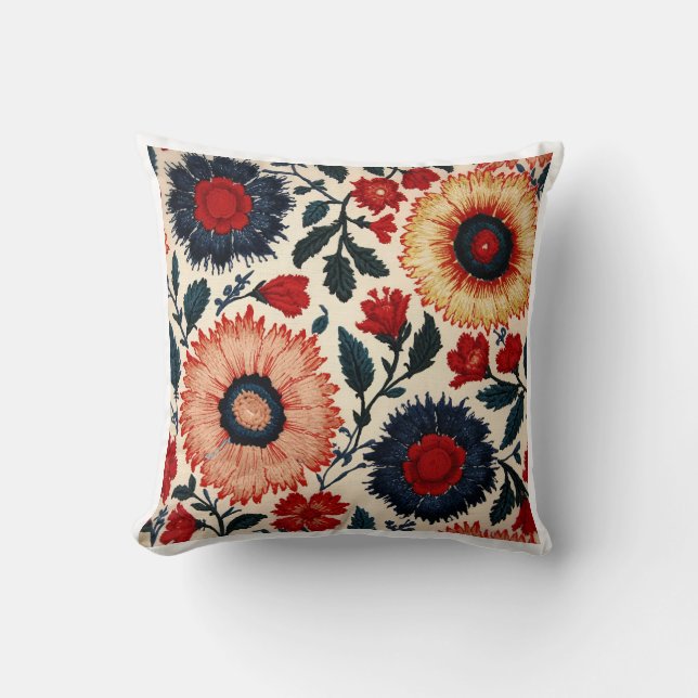 Embroidered Suzani Motif Folk Art FlorThrow Pillow (Front)