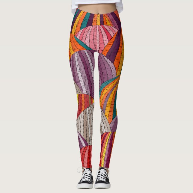 Embroidered wavy, ethnic bohemian seamless pattern leggings (Front)