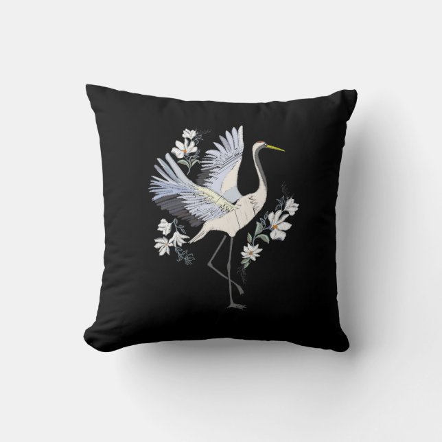 Embroidered White and Grey Crane Bird Floral Black Cushion (Front)