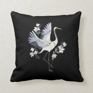 Embroidered White and Grey Crane Bird Floral Black Cushion