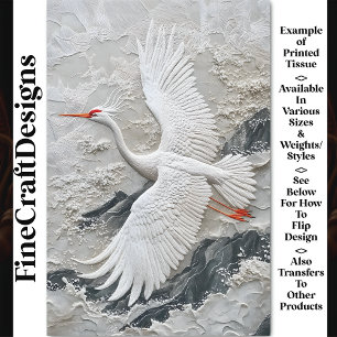 Embroidered White Crane Bird Serene BV9 Decoupage Tissue Paper