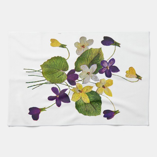 Embroidered White, Yellow and Purple Violets Tea Towel (Horizontal)