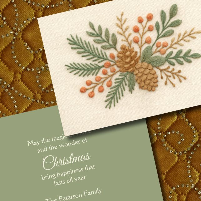 Embroidery Christmas Floral Sprig Pinecone Cream Holiday Card (Creator Uploaded)