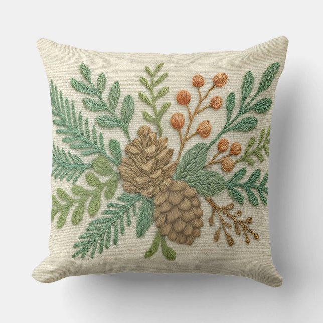 Embroidery Christmas Floral Sprig Pinecone Cushion (Front)