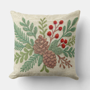 Embroidery Christmas Floral Sprig Pinecone Red Cushion
