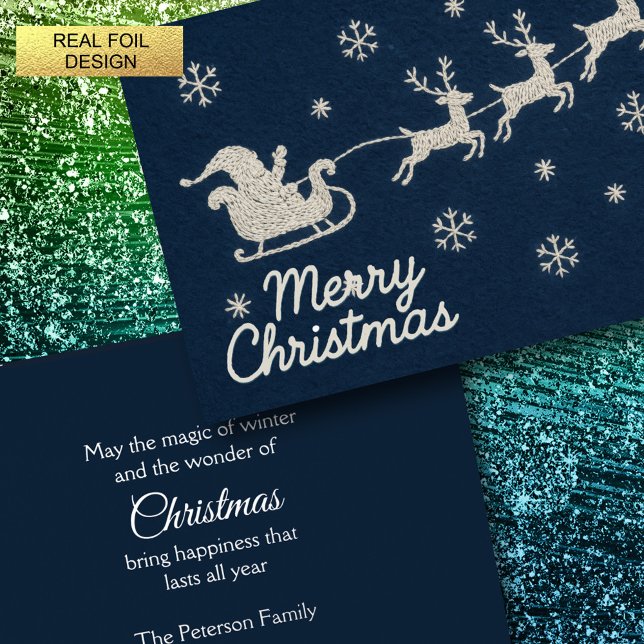 Embroidery Christmas Night Sky Santa Sleigh Foil Holiday Card (Creator Uploaded)