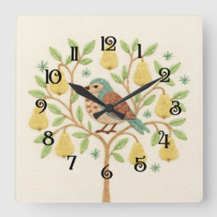 Embroidery Christmas Partridge in a Pear Tree Square Wall Clock