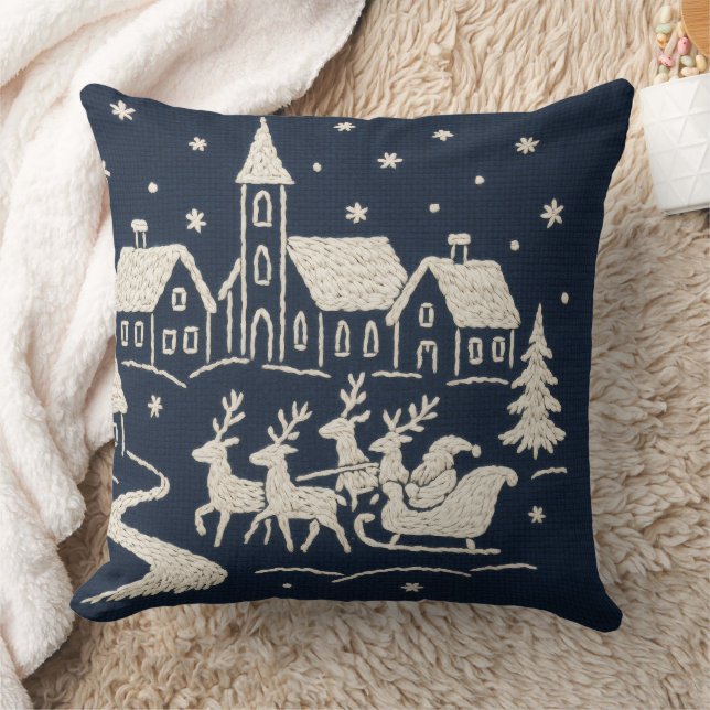 Embroidery Christmas Snow Village Scene Blue White Cushion (Blanket)