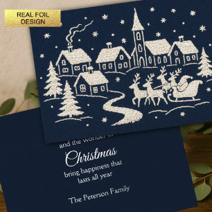 Embroidery Christmas Snow Village Scene Blue White Foil Holiday Card