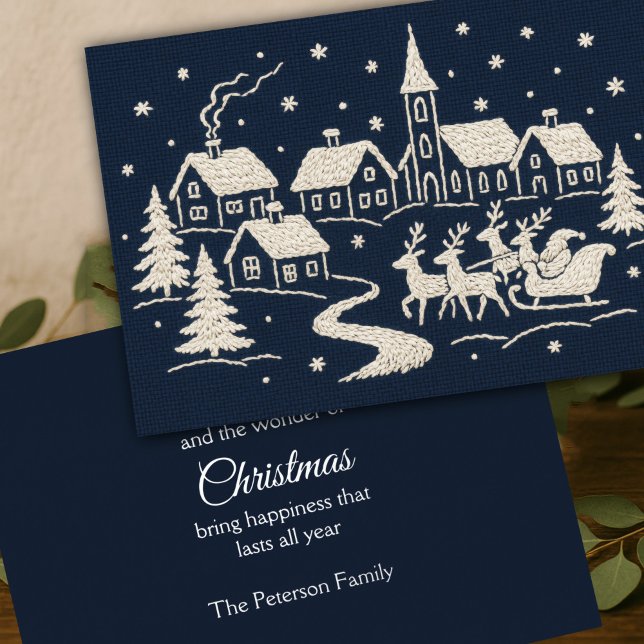 Embroidery Christmas Snow Village Scene Blue White Holiday Card (Creator Uploaded)
