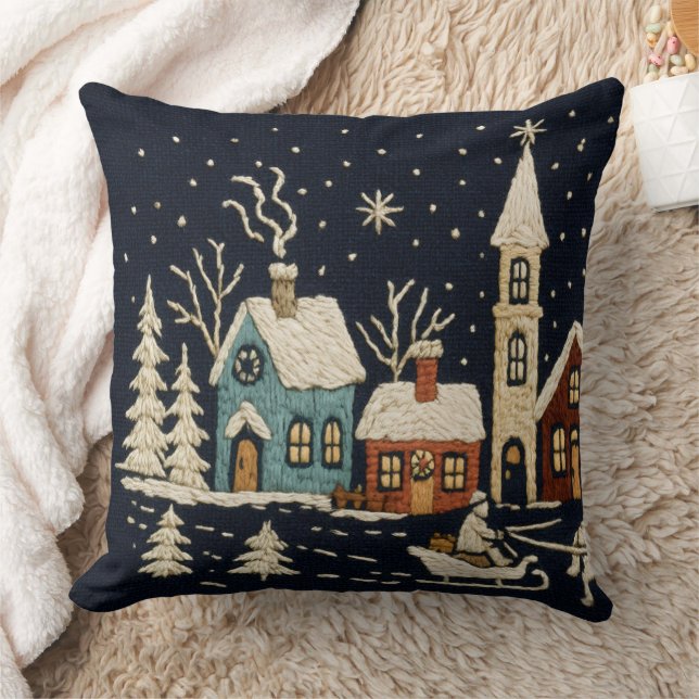 Embroidery Christmas Snowy Village Scene Blue Cushion (Blanket)