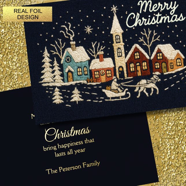 Embroidery Christmas Snowy Village Scene Blue Foil Holiday Card (Creator Uploaded)