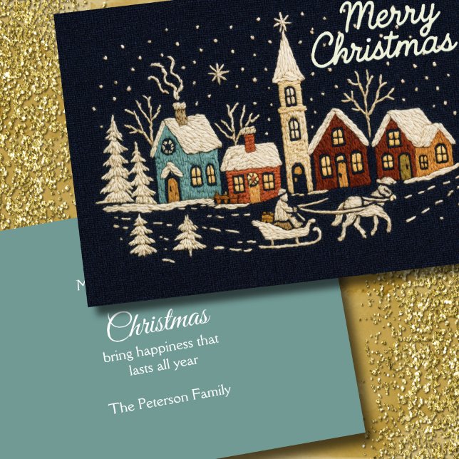 Embroidery Christmas Snowy Village Scene Blue Holiday Card (Creator Uploaded)