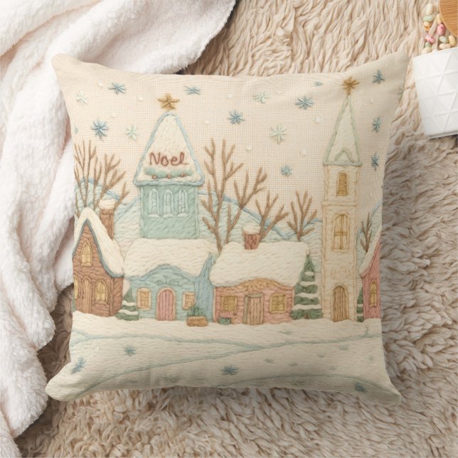 Embroidery Christmas Snowy Village Scene Cushion (Blanket)