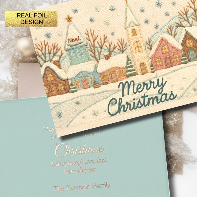 Embroidery Christmas Snowy Village Scene Foil Holiday Card (Creator Uploaded)