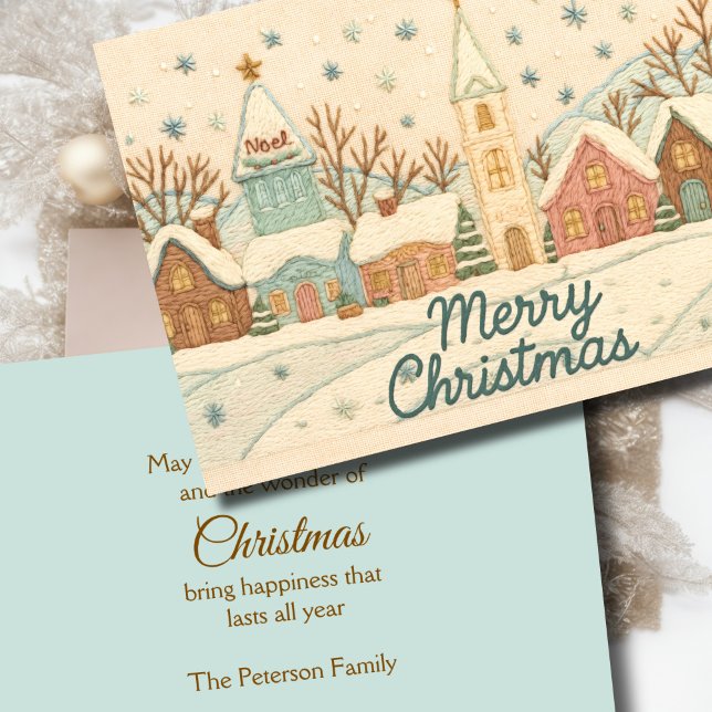 Embroidery Christmas Snowy Village Scene Holiday Card (Creator Uploaded)