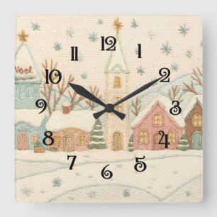 Embroidery Christmas Snowy Village Scene Square Wall Clock
