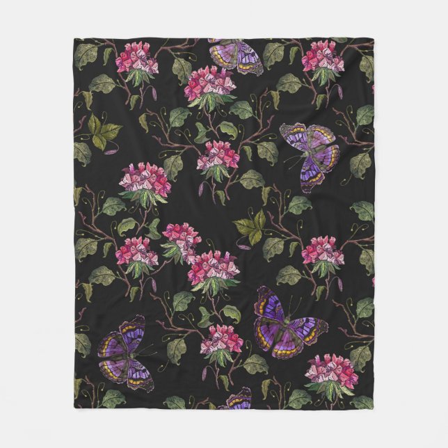 Embroidery datura flowers and butterflies seamless fleece blanket (Front)