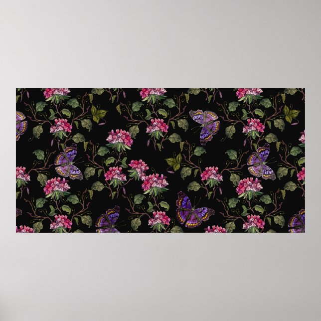 Embroidery datura flowers and butterflies seamless poster (Front)