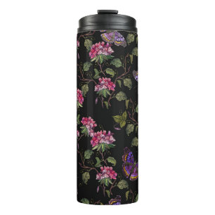 Embroidery datura flowers and butterflies seamless thermal tumbler