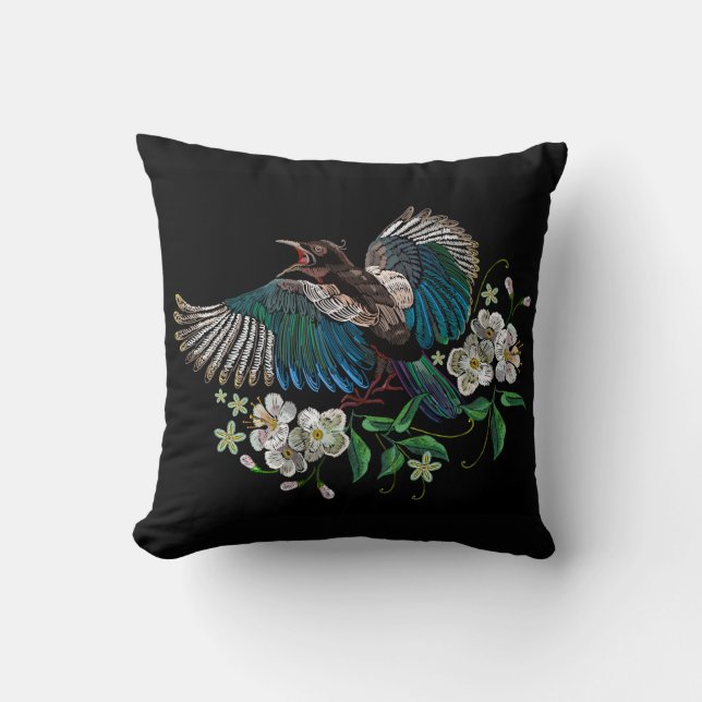 Embroidery Design Magpie Bird White Flower Black Cushion (Front)