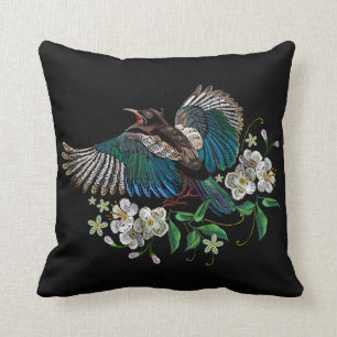 Embroidery Design Magpie Bird White Flower Black Cushion