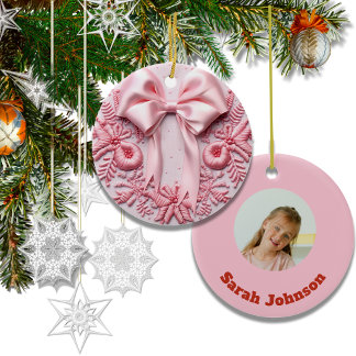 Embroidery Effect Christmas Bow Custom Photo Name Ceramic Ornament