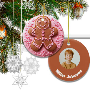 Embroidery Effect Christmas Gingerbread Man Photo Ceramic Ornament