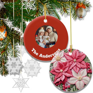 Embroidery Effect Christmas Poinsettia Photo Ceramic Ornament