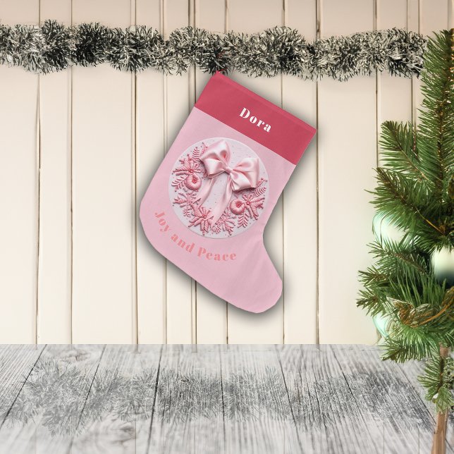 Embroidery Effect Pink Christmas Bow Custom Name Large Christmas Stocking (Creator Uploaded)