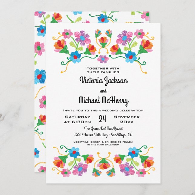 Embroidery Floral Folk art Wedding Invitation (Front/Back)