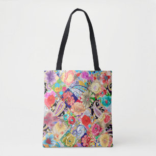 Embroidery floral neckline pattern with flowers an tote bag