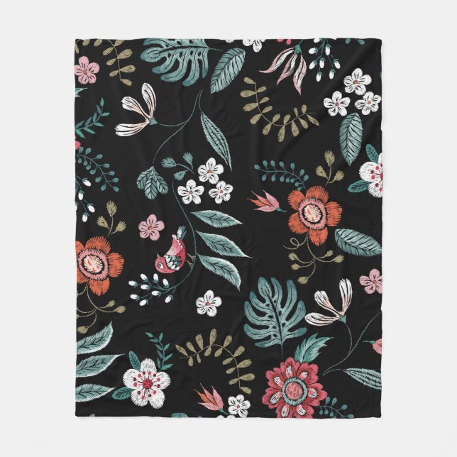 Embroidery Floral Neckline, Vintage Bouquet. Fleece Blanket (Front)