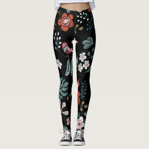 Embroidery Floral Neckline, Vintage Bouquet. Leggings