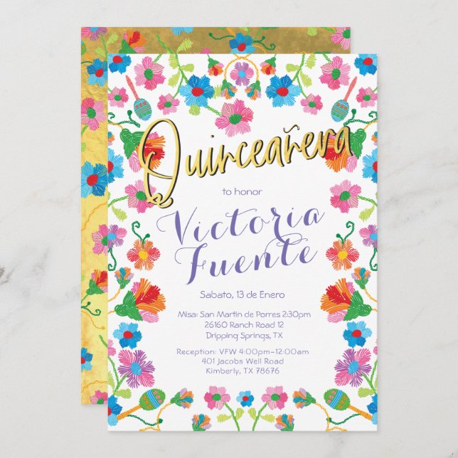 Embroidery Floral Quinceañera  Mexican Spanish Invitation (Front/Back)