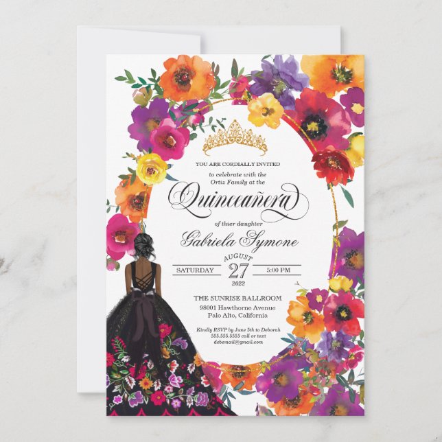 Embroidery Flowers Watercolor Floral Quinceañera Invitation (Front)