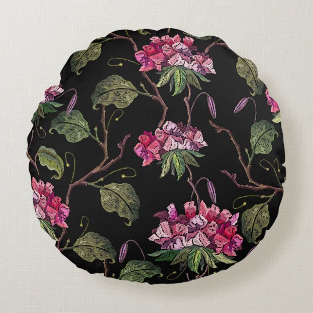 Embroidery geranium flowers seamless pattern round cushion (Front)