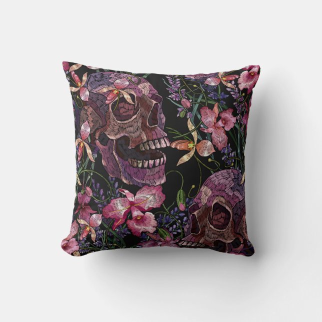 Embroidery human skull and pink orchid flowers pat cushion (Front)
